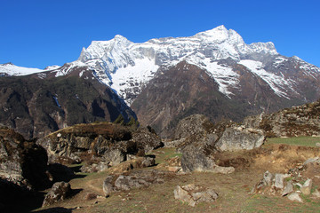 View of Kongde Ri mountain in the morning in Sagarmatha national park in Nepal. The mountain is classified as a trekking peak, but it is considered one of the more difficult to climb.