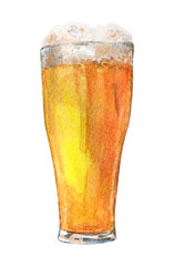 Light beer glass. Hand drawn watercolor illustration of beer with foam isolated on white background. Oktoberfest drinks