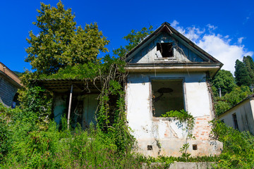 a crumbling old house with grass on the roof and around