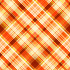 Seamless oblique diagonal cage pattern. Checkered pattern of orange, lemon cream, red and white stripes, plaid.