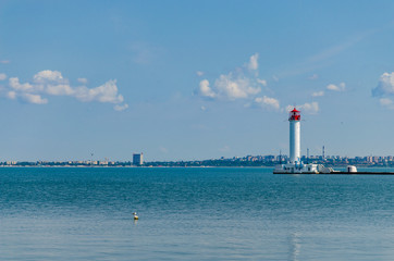 Naklejka premium Seascape with lighthouse on the Black Sea in Odesa during the summer season