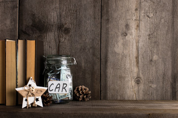 Piggy bank full of money collected for the holidays and Christmas. Copy space.