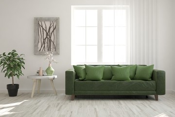 Stylish room in white color with sofa. Scandinavian interior design. 3D illustration