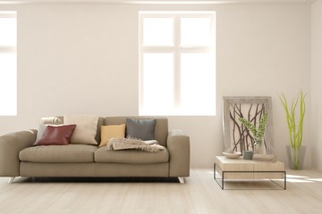 Stylish room in white color with sofa. Scandinavian interior design. 3D illustration