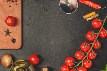 tomatoes Cherry and other ingredients for tomato sauce, menu concept. food background. copy space