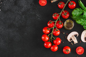 tomatoes Cherry and other ingredients for tomato sauce, menu concept. food background. copy space