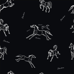  vectorized seamless monochrome background, white contours, silhouettes of running horses on a dark background, ink drawing, silhouettes and contours