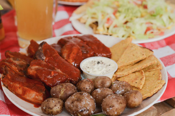 Picnic lunch. BBQ ribs with nachos, potatoes and salsa.