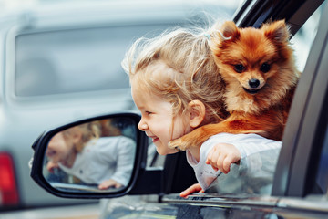 Little girl and little dog in the rent car