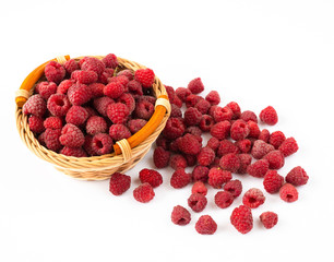 Ripe raspberries in sprinkled on a white background