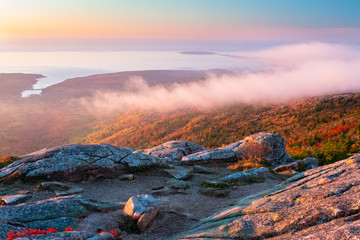 Autumn Sunrise in Acadia National Park in Maine, USA from top of Cadillac Mountain