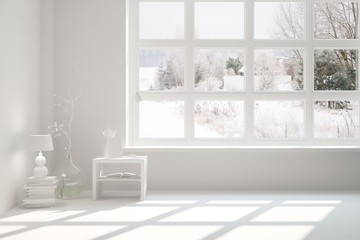 Mock up of empty room in white color with winter landscape in window. Scandinavian interior design. 3D illustration