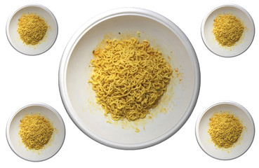Plate of instant noodles on white background. Top view.