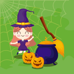 cute girl disguised of witch and icons halloween