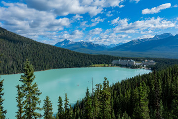 Aerial view of the beautiful Fairmont Chateau Lake Louise and Lake Louise
