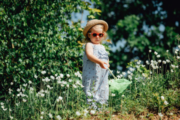 Adorable little girl catching butterflies and bugs with her scoop-net.