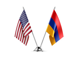 Desk flags, United States America and Armenia, isolated on white background. 3d image