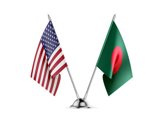 Desk flags, United States America and Bangladesh, isolated on white background. 3d image