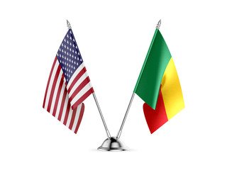 Desk flags, United States America and Benin, isolated on white background. 3d image