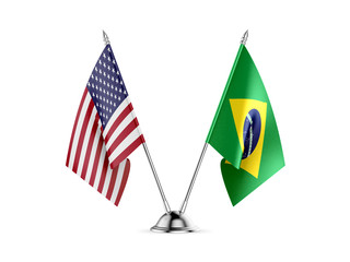 Desk flags, United States America and Brazil, isolated on white background. 3d image