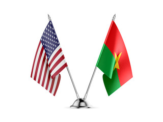 Desk flags, United States America and Burkina Faso, isolated on white background. 3d image