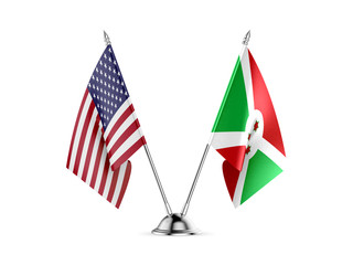 Desk flags, United States America and Burundi, isolated on white background. 3d image