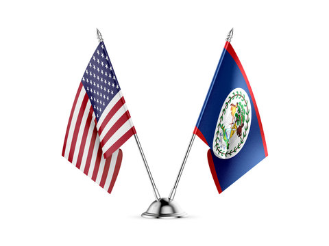 Desk flags, United States America and Belize, isolated on white background. 3d image