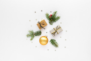 Christmas composition.Star gift box and christmas ball  top view background with copy space for your text. Flat lay