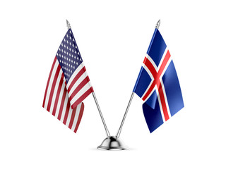 Desk flags, United States America and Iceland, isolated on white background. 3d image.