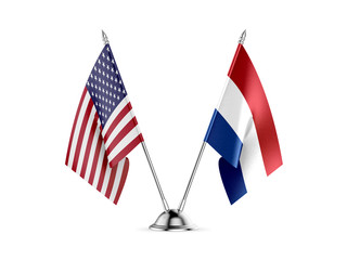 Desk flags, United States America and Netherlands, isolated on white background. 3d image.