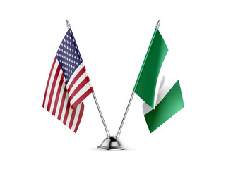 Desk flags, United States America and Nigeria, isolated on white background. 3d image