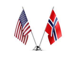 Desk flags, United States America and Norway, isolated on white background. 3d image