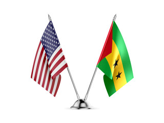 Desk flags, United States America and Sao Tome and Principe, isolated on white background. 3d image.