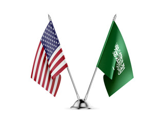 Desk flags, United States America and Saudi Arabia, isolated on white background. 3d image