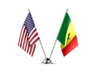 Desk flags, United States America and Senegal, isolated on white background. 3d image.