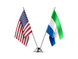 Desk flags, United States America and Sierra Leone, isolated on white background. 3d image