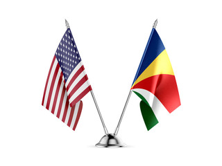 Desk flags, United States America and Seychelles, isolated on white background. 3d image.
