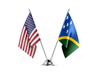 Desk flags, United States America and Solomon Islands, isolated on white background. 3d image