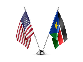 Desk flags, United States America and South Sudan, isolated on white background. 3d image