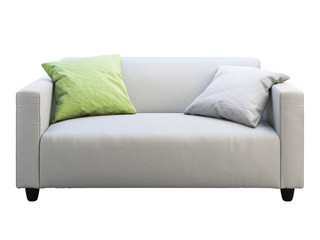 Modern white leather sofa with pillows. 3d render
