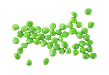 Fresh green peas on a white background, top view.