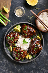 Sweet and spicy honey grilled chicken thighs with rice