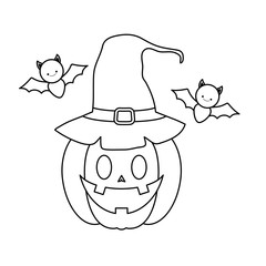 halloween pumpkin with witch hat and bats flying