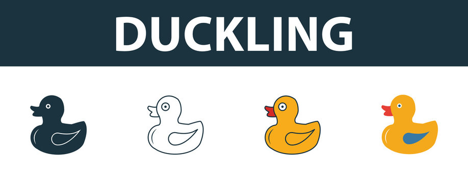 Toy Duck icon set. Four elements in diferent styles from baby things icons collection. Creative toy duck icons filled, outline, colored and flat symbols