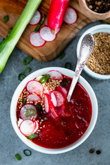 Bowl with vegetarian beet soup