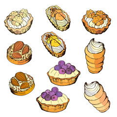 seamless background of isolated elements, multi-colored drawings of cakes with cream and berries on a color background