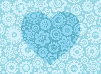 Heart, card, floral background, color, light blue, vector. Blue heart on a bright flower field. Color, flat picture. 
