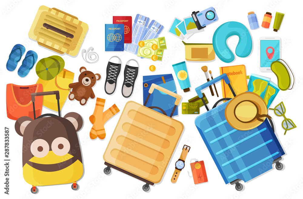 Poster family suitcase flat composition