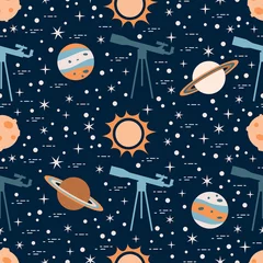 Tischdecke Nahtloses Muster. Teleskop, Sonne, Planeten, Sterne. © aquamarine_paint