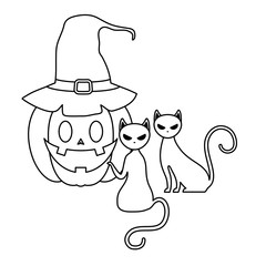 halloween pumpkin with witch hat and cats